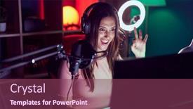  Presentation with video games playing - Slide set featuring young-brunette-woman-playing-video background and a  colored foreground