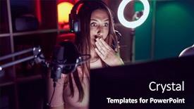  Presentation with video games playing - Slide deck enhanced with young-brunette-woman-playing-video background and a  colored foreground