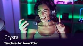  Presentation with video games playing - Slides with young-brunette-woman-playing-video background and a  colored foreground