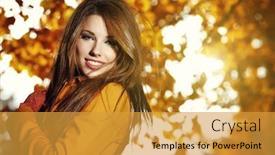  Presentation with autumn - PPT theme having young-brunette-woman-portrait background and a gold colored foreground