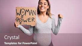  Presentation with women success - Slide set consisting of young-brunette-woman-pregnant-expecting background and a violet colored foreground