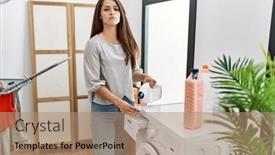  Presentation with machine - Presentation consisting of young-brunette-woman-putting-detergent background and a coral colored foreground