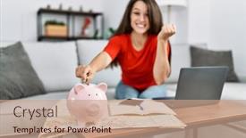  Presentation with piggy bank - Slides enhanced with young-brunette-woman-putting-euro background and a  colored foreground