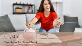  Presentation with hand saving - PPT layouts featuring young-brunette-woman-putting-euro background and a coral colored foreground