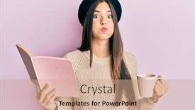  Presentation with coffee book - Colorful slide deck enhanced with young-brunette-woman-reading backdrop and a coral colored foreground