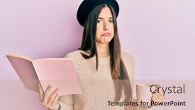  Presentation with coffee book - PPT layouts consisting of young-brunette-woman-reading background and a coral colored foreground