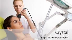  Presentation with medical therapy - Colorful presentation enhanced with young brunette woman receiving laser backdrop and a white colored foreground