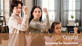  Presentation with strength - Beautiful presentation theme featuring young-brunette-woman-serious-mature backdrop and a coral colored foreground