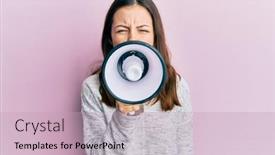  Presentation with pink - Slide set consisting of young-brunette-woman-shouting background and a soft green colored foreground