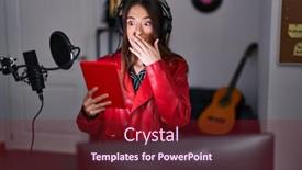  Presentation with microphone - Slide set having young-brunette-woman-singing-song background and a  colored foreground