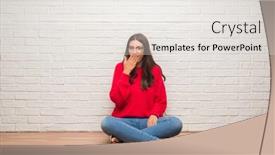  Presentation with white brick wall - Amazing PPT theme having young brunette woman sitting on the floor over white brick wall cover mouth with hand shocked with shame for mistake expression of fear scared in silence secret concept backdrop and a white colored foreground
