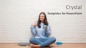  Presentation with white brick - PPT layouts featuring young brunette woman sitting on the floor over white brick wall drinking coffee with surprise face pointing finger to himself background and a white colored foreground