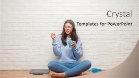  Presentation with white brick wall - Audience pleasing PPT layouts consisting of young brunette woman sitting on the floor over white brick wall drinking coffee annoyed and frustrated shouting with anger crazy and yelling with raised hand anger concept backdrop and a sky blue colored foreground