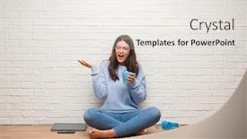  Presentation with white brick - Slide deck consisting of young brunette woman sitting on the floor over white brick wall drinking coffee very happy and excited winner expression celebrating victory screaming with big smile and raised hands background and a white colored foreground