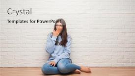  Presentation with white brick - Audience pleasing PPT layouts consisting of young brunette woman sitting on the floor over white brick wall cover mouth with hand shocked with shame for mistake expression of fear scared in silence secret concept backdrop and a white colored foreground