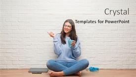  Presentation with white brick wall - PPT theme with young brunette woman sitting on the floor over white brick wall drinking coffee very happy pointing with hand and finger to the side background and a white colored foreground