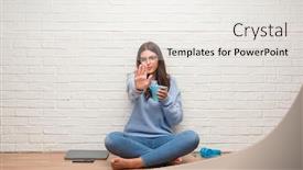  Presentation with white brick - Audience pleasing slides consisting of young brunette woman sitting on the floor over white brick wall drinking coffee with open hand doing stop sign with serious and confident expression defense gesture backdrop and a sky blue colored foreground