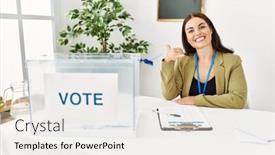  Presentation with election - Slides with young-brunette-woman-sitting background and a white colored foreground