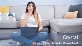  Presentation with floor - Theme enhanced with young-brunette-woman-sitting background and a ocean colored foreground