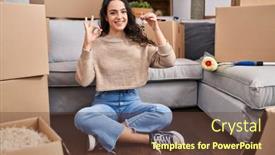  Presentation with new home - Theme having young-brunette-woman-sitting background and a tawny brown colored foreground