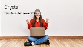  Presentation with floor - Presentation theme consisting of young-brunette-woman-sitting background and a sky blue colored foreground