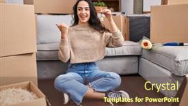  Presentation with new home - Presentation theme enhanced with young-brunette-woman-sitting background and a tawny brown colored foreground