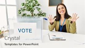  Presentation with voting - Slide deck featuring young-brunette-woman-sitting background and a sky blue colored foreground