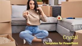  Presentation with new home - Slide set featuring young-brunette-woman-sitting background and a tawny brown colored foreground
