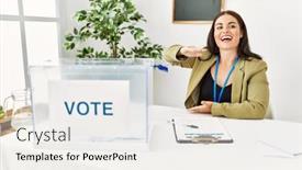  Presentation with election - Presentation design featuring young-brunette-woman-sitting background and a white colored foreground