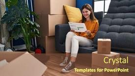  Presentation with home documents - Presentation theme having young-brunette-woman-sitting background and a tawny brown colored foreground