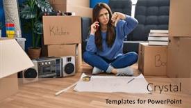  Presentation with new home - Slide deck with young-brunette-woman-sitting background and a coral colored foreground