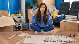  Presentation with woman crying - PPT theme having young-brunette-woman-sitting background and a coral colored foreground