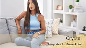  Presentation with lips - Presentation enhanced with young-brunette-woman-sitting and a lemonade colored foreground