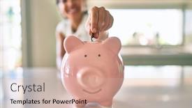  Presentation with piggy bank - Audience pleasing theme consisting of young-brunette-woman-smiling-happy backdrop and a soft green colored foreground
