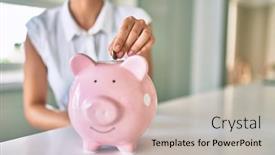  Presentation with piggy bank - PPT theme consisting of young-brunette-woman-smiling-happy background and a light gray colored foreground
