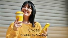  Presentation with coffee cup - PPT theme enhanced with young-brunette-woman-smiling-happy background and a  colored foreground