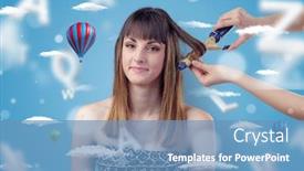  Presentation with balloons - Presentation design with young brunette woman smiling at hairdresser with clouds and air balloons background and a teal colored foreground
