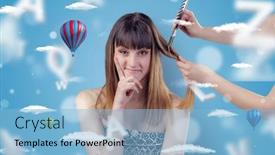  Presentation with balloons - Presentation theme having young brunette woman smiling at hairdresser with clouds and air balloons background and a light blue colored foreground
