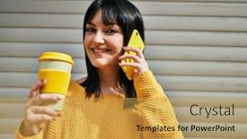  Presentation with coffee cup - PPT theme consisting of young-brunette-woman-speaking background and a yellow colored foreground