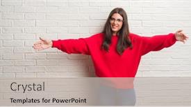  Presentation with white brick wall - Beautiful slide deck featuring young brunette woman standing over white brick wall looking at the camera smiling with open arms for hug cheerful expression embracing happiness backdrop and a light gray colored foreground