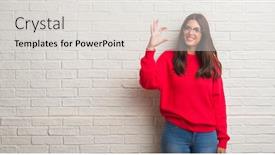  Presentation with paint white brick wall - Beautiful presentation theme featuring young brunette woman standing over white brick wall smiling and confident gesturing with hand doing size sign with fingers while looking and the camera measure concept backdrop and a light gray colored foreground