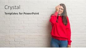  Presentation with white brick - Presentation theme featuring young brunette woman standing over white brick wall covering one eye with hand with confident smile on face and surprise emotion background and a light gray colored foreground