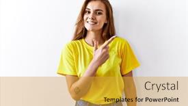  Presentation with finger - Theme enhanced with young-brunette-woman-standing-over background and a gold colored foreground