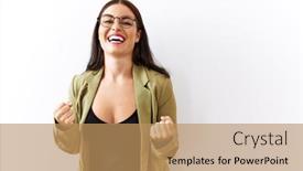  Presentation with winner - Presentation design having young-brunette-woman-standing-over background and a coral colored foreground