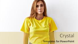  Presentation with woman crying - Slides enhanced with young-brunette-woman-standing-over background and a yellow colored foreground