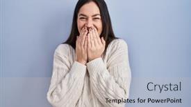  Presentation with scandal - Slides consisting of young-brunette-woman-standing-over background and a light gray colored foreground