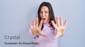  Presentation with panic - Slides with young-brunette-woman-standing-over background and a light blue colored foreground