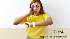  Presentation with late - PPT layouts featuring young-brunette-woman-standing-over background and a yellow colored foreground