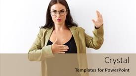  Presentation with hand palm - Theme enhanced with young-brunette-woman-standing-over background and a  colored foreground