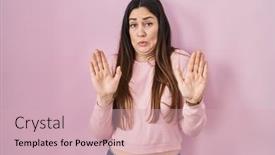  Presentation with forbidden - Slide deck having young-brunette-woman-standing-over background and a  colored foreground